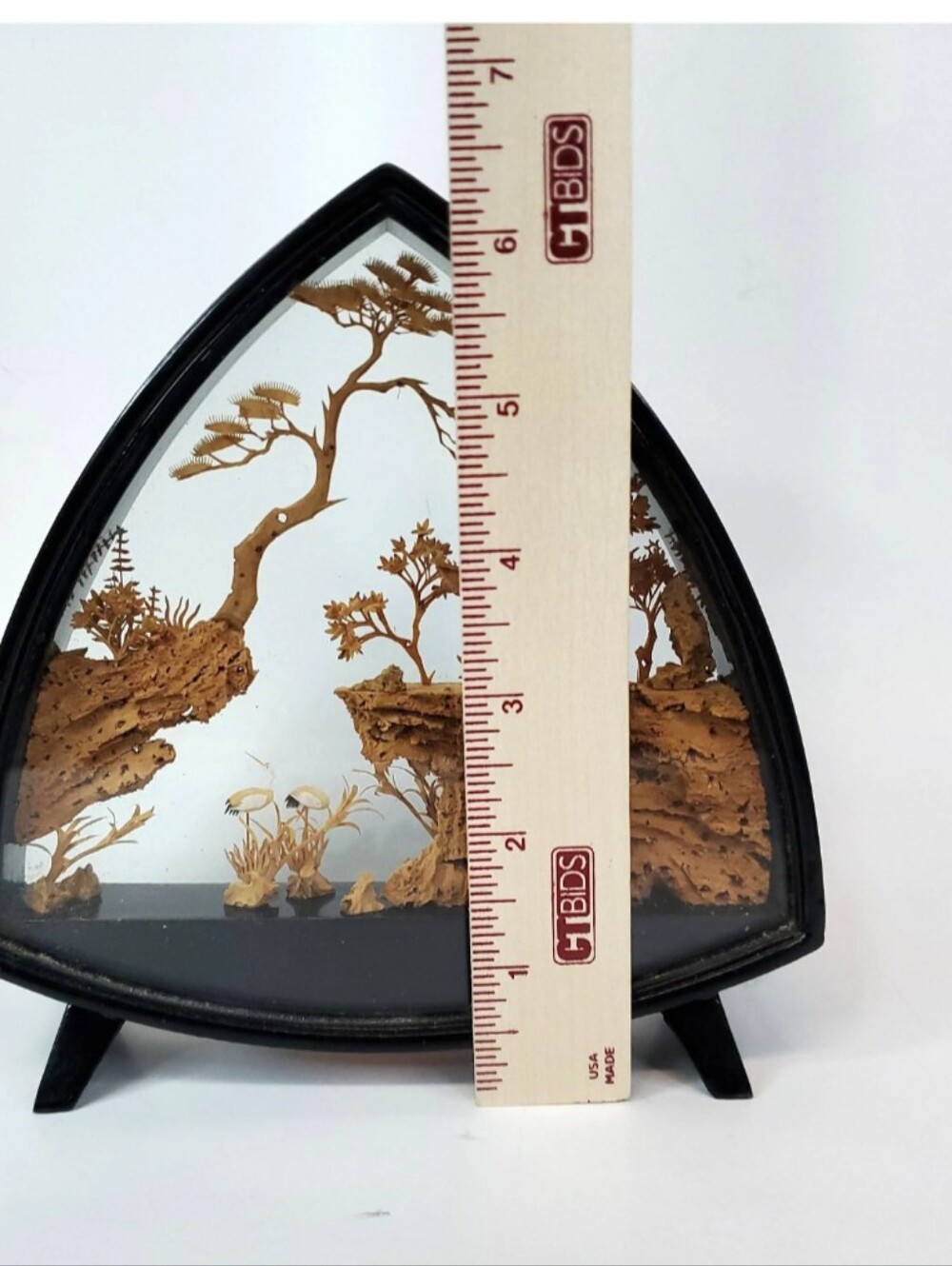 Vintage Chinese Cork Carving Art Diorama Pagoda Crane Triangular Framed Decor - Picture 7 of 8